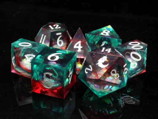 Old School Dice: Sharp Edged 7-Piece Dice Set - Liquid Infused - Christmas Fury