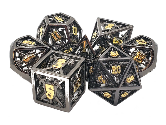 Old School Dice: Hollow Metal 7-Piece Set - Sword & Shield - Black w/ Gold