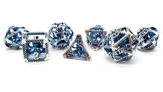 Old School Dice: Hollow Metal 7-Piece Set - The Kraken - Silver w/ Blue
