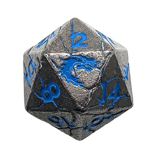 Old School DnD RPG Metal D20: Orc Forged - Ancient Silver w/ Blue