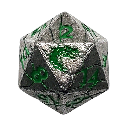 Old School DnD RPG Metal D20: Orc Forged - Ancient Silver w/ Green