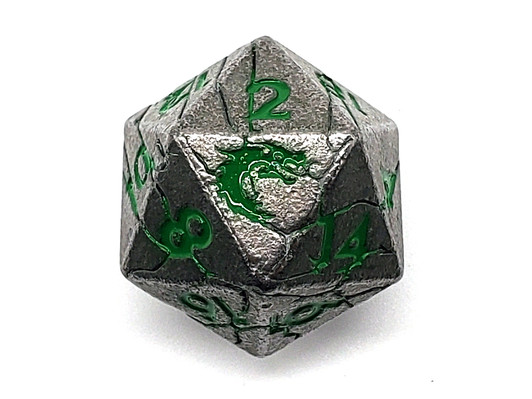 Old School DnD RPG Metal D20: Orc Forged - Ancient Silver w/ Green