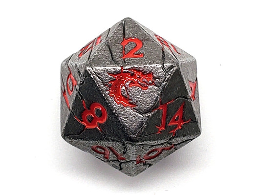 Old School DnD RPG Metal D20: Orc Forged - Ancient Silver w/ Red