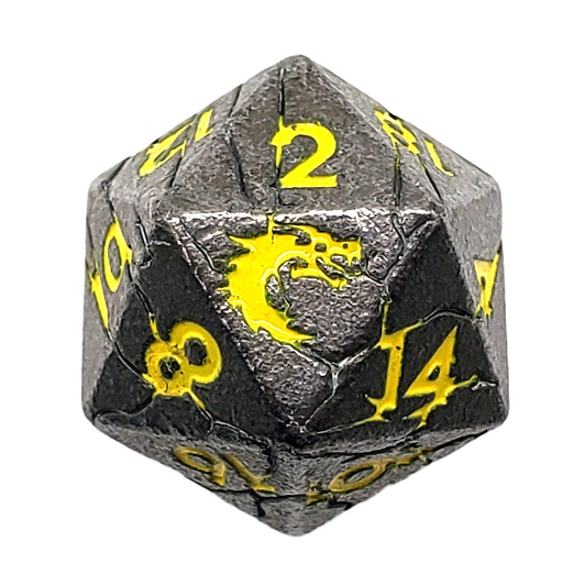 Old School DnD RPG Metal D20: Orc Forged - Ancient Silver w/ Yellow