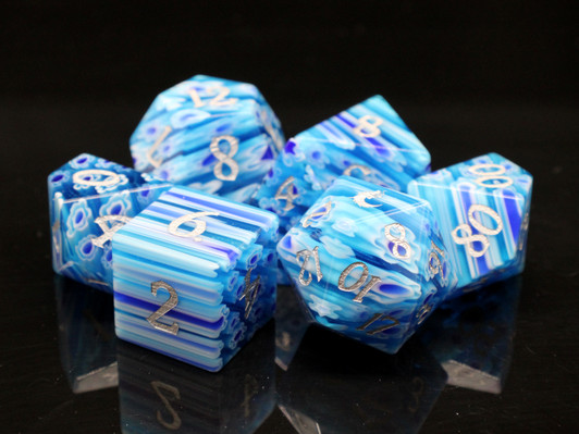 Old School Dice: Gemstone 7-Piece Set - Blue Flowers