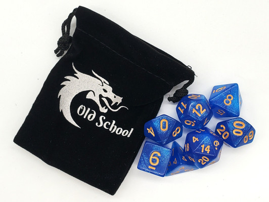 Old School 7 Piece DnD RPG Dice Set: Galaxy - Blue Shimmer w/ Gold