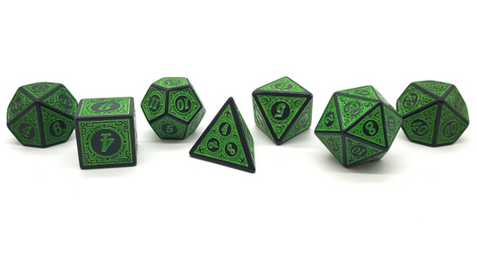 Old School 7 Piece DnD RPG Dice Set: Rune Dice - Magical Runes - Green
