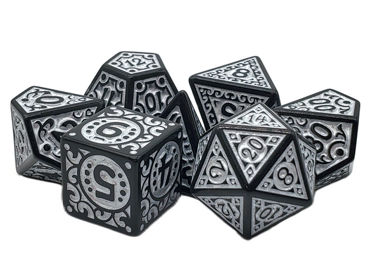 Old School 7 Piece DnD RPG Dice Set: Rune Dice - Magical Runes - Silver
