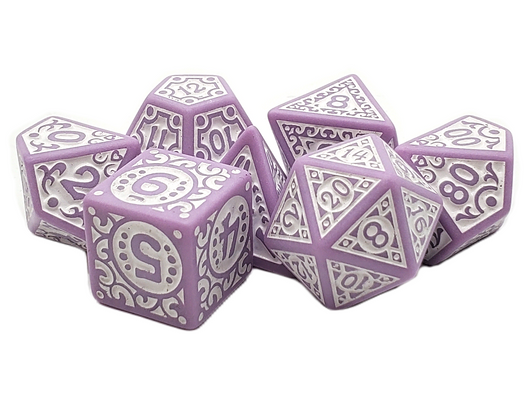 Old School 7 Piece DnD RPG Dice Set: Rune Dice - Magical Runes - White w/ Lavender