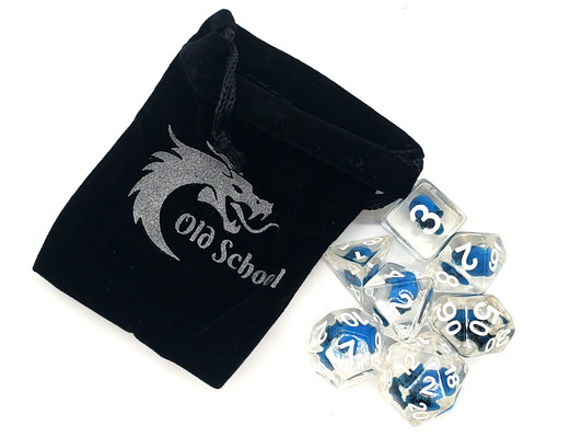 Old School 7 Piece DnD RPG Dice Set: Infused - Skull Blue w/ White