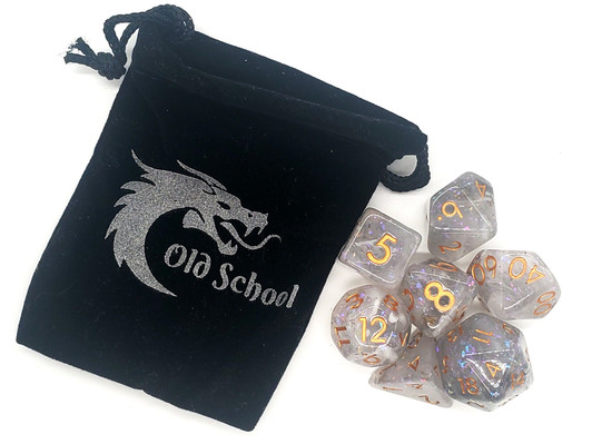 Old School 7 Piece DnD RPG Dice Set: Particles - Black & White Mist