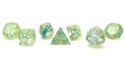 Old School 7 Piece DnD RPG Dice Set: Particles - Blue & Green Mist