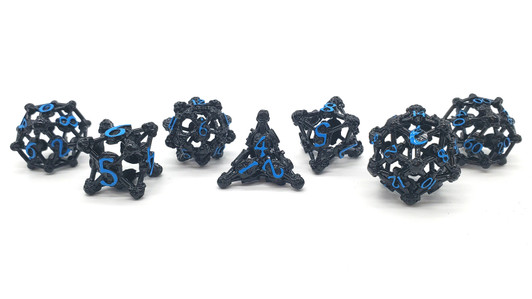 Old School Dice: Hollow Metal 7-Piece Set - Skull - Black Nickel w/ Blue