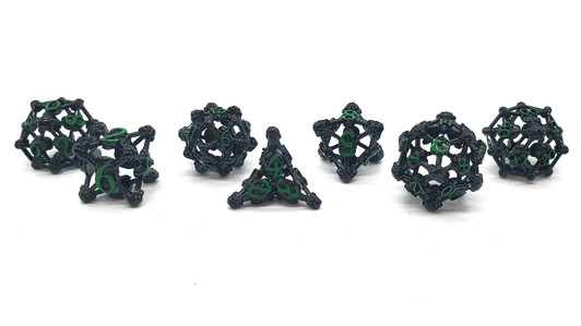 Old School Dice: Hollow Metal 7-Piece Set - Skull - Black Nickel w/ Green