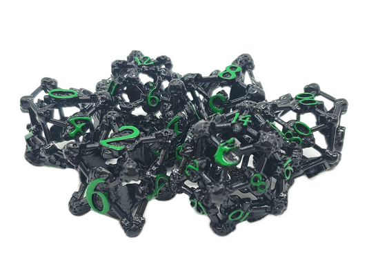 Old School Dice: Hollow Metal 7-Piece Set - Skull - Black Nickel w/ Green