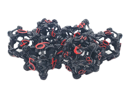 Old School Dice: Hollow Metal 7-Piece Set - Skull - Black Nickel w/ Red