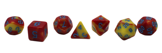 Old School 7 Piece DnD RPG Dice Set: Vorpal - Red & Yellow w/ Blue