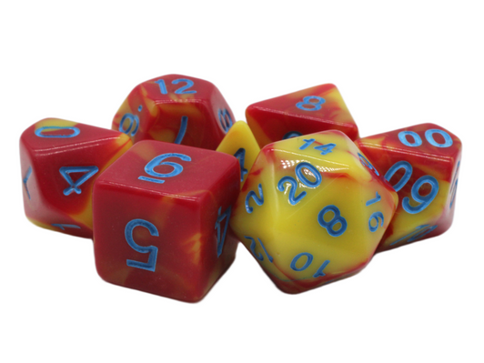 Old School 7 Piece DnD RPG Dice Set: Vorpal - Red & Yellow w/ Blue