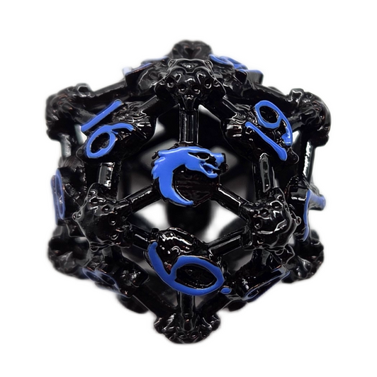 Old School Dice: Hollow Metal D20 Spindown - Skull - Black Nickel w/ Blue