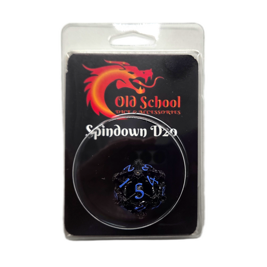 Old School Dice: Hollow Metal D20 Spindown - Skull - Black Nickel w/ Blue