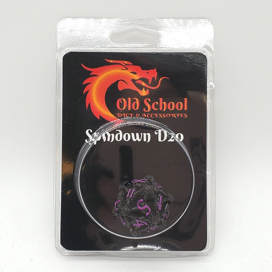 Old School Dice: Hollow Metal D20 Spindown - Skull - Black Nickel w/ Purple
