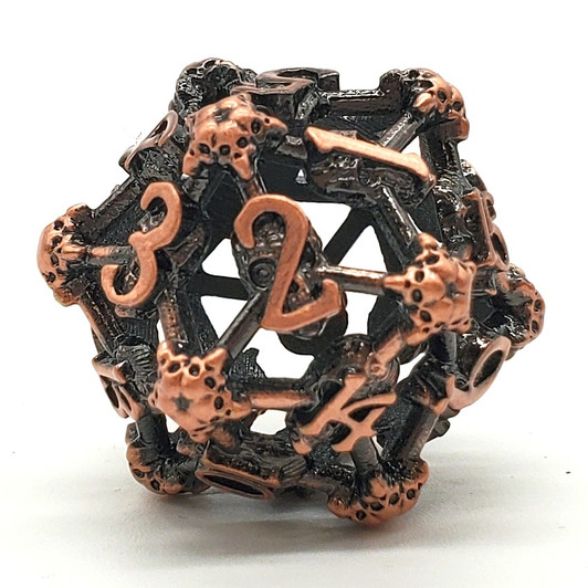Old School Dice: Hollow Metal D20 Spindown - Skull - Ancient Bronze
