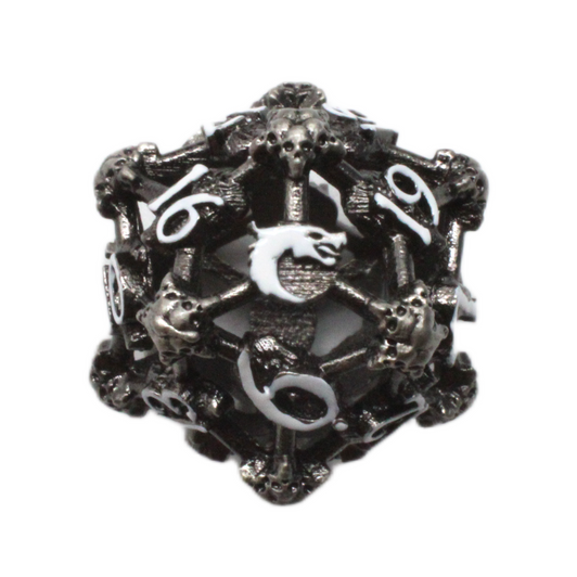 Old School Dice: Hollow Metal D20 Spindown - Skull - Ancient Silver