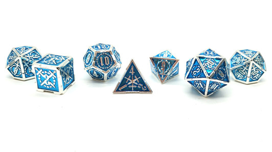 Old School 7 Piece DnD RPG Metal Dice Set: Knights of the Round Table - Blue w/ Silver