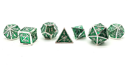 Old School 7 Piece DnD RPG Metal Dice Set: Knights of the Round Table - Green w/ Silver