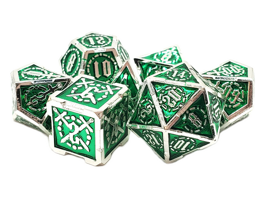 Old School 7 Piece DnD RPG Metal Dice Set: Knights of the Round Table - Green w/ Silver