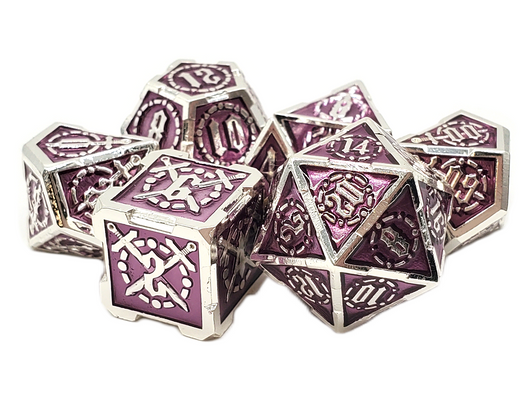 Old School 7 Piece DnD RPG Metal Dice Set: Knights of the Round Table - Purple w/ Silver