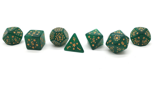 Old School 7 Piece DnD RPG Dice Set: Rune Dice - Starlight - Green
