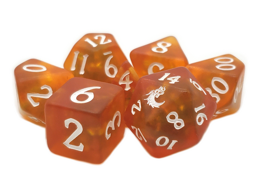 Old School 7 Piece DnD RPG Dice Set: Infused - Frosted Firefly - Orange Burst