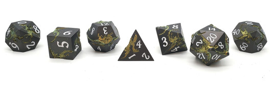 Old School 7 Piece DnD RPG Metal Dice Set: Soaring Dragon - Matte Black w/ Gold