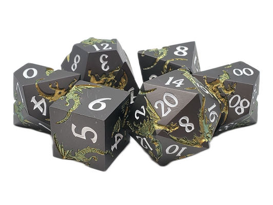 Old School 7 Piece DnD RPG Metal Dice Set: Soaring Dragon - Matte Black w/ Gold