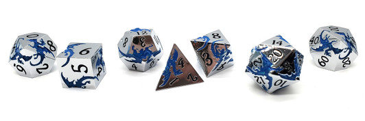 Old School 7 Piece DnD RPG Metal Dice Set: Soaring Dragon - Silver w/ Blue