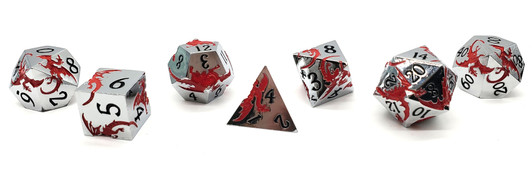 Old School 7 Piece DnD RPG Metal Dice Set: Soaring Dragon - Silver w/ Red