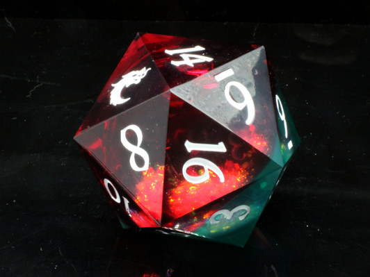 Old School Dice: Sharp Edged 55mm D20 - Liquid Infused - Christmas Fury