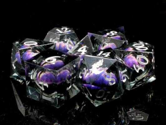 Old School Dice: Sharp Edged 7-Piece Dice Set - Liquid Infused - Serpent's Eye - Black w/ Purple Eye