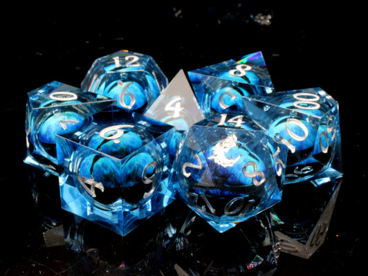 Old School Dice: Sharp Edged 7-Piece Dice Set - Liquid Infused - Serpent's Eye - Blue w/ Blue Eye