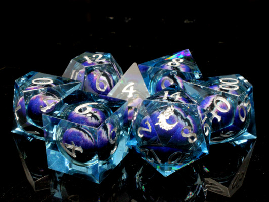 Old School Dice: Sharp Edged 7-Piece Dice Set - Liquid Infused - Serpent's Eye - Blue w/ Purple Eye