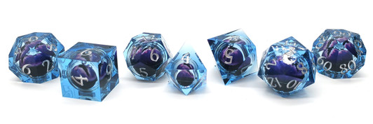 Old School Dice: Sharp Edged 7-Piece Dice Set - Liquid Infused - Serpent's Eye - Blue w/ Purple Eye