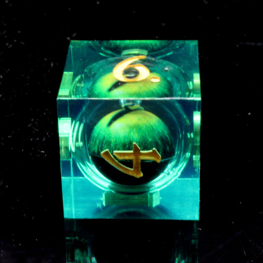 Old School Dice: Sharp Edged 7-Piece Dice Set - Liquid Infused - Serpent's Eye - Green w/ Green Eye