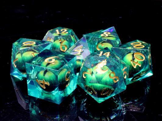 Old School Dice: Sharp Edged 7-Piece Dice Set - Liquid Infused - Serpent's Eye - Green w/ Green Eye