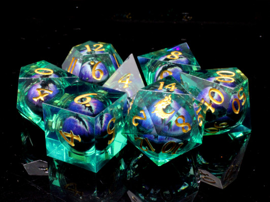 Old School Dice: Sharp Edged 7-Piece Dice Set - Liquid Infused - Serpent's Eye - Green w/ Purple Eye