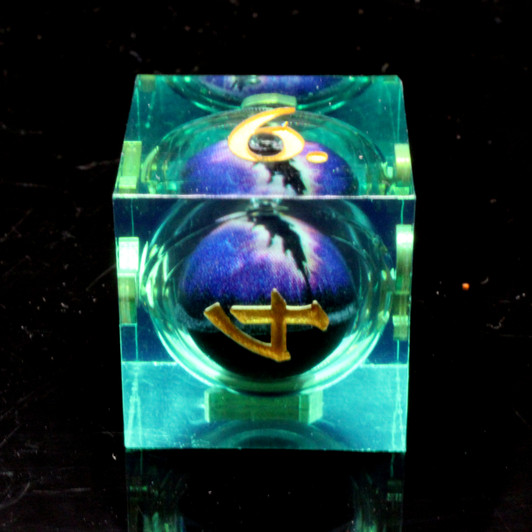 Old School Dice: Sharp Edged 7-Piece Dice Set - Liquid Infused - Serpent's Eye - Green w/ Purple Eye