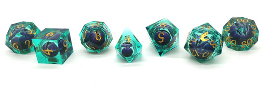 Old School Dice: Sharp Edged 7-Piece Dice Set - Liquid Infused - Serpent's Eye - Green w/ Purple Eye