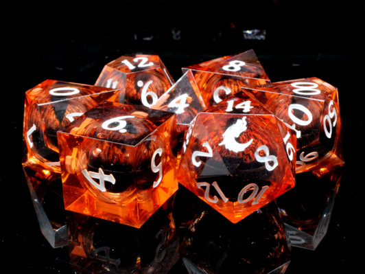 Old School Dice: Sharp Edged 7-Piece Dice Set - Liquid Infused - Serpent's Eye - Orange w/ Orange Eye