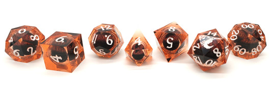 Old School Dice: Sharp Edged 7-Piece Dice Set - Liquid Infused - Serpent's Eye - Orange w/ Orange Eye