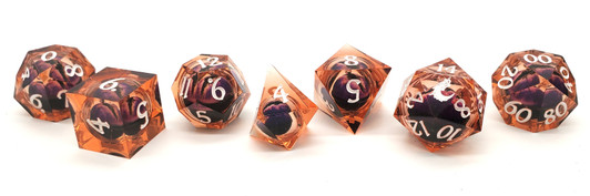 Old School Dice: Sharp Edged 7-Piece Dice Set - Liquid Infused - Serpent's Eye - Orange w/ Purple Eye